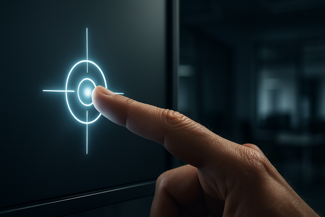Finger touching a calibration crosshair target on an interactive flat panel