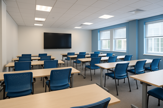 Corporate training room with tables, chairs and a wall-mounted interactive flat panel, screen off