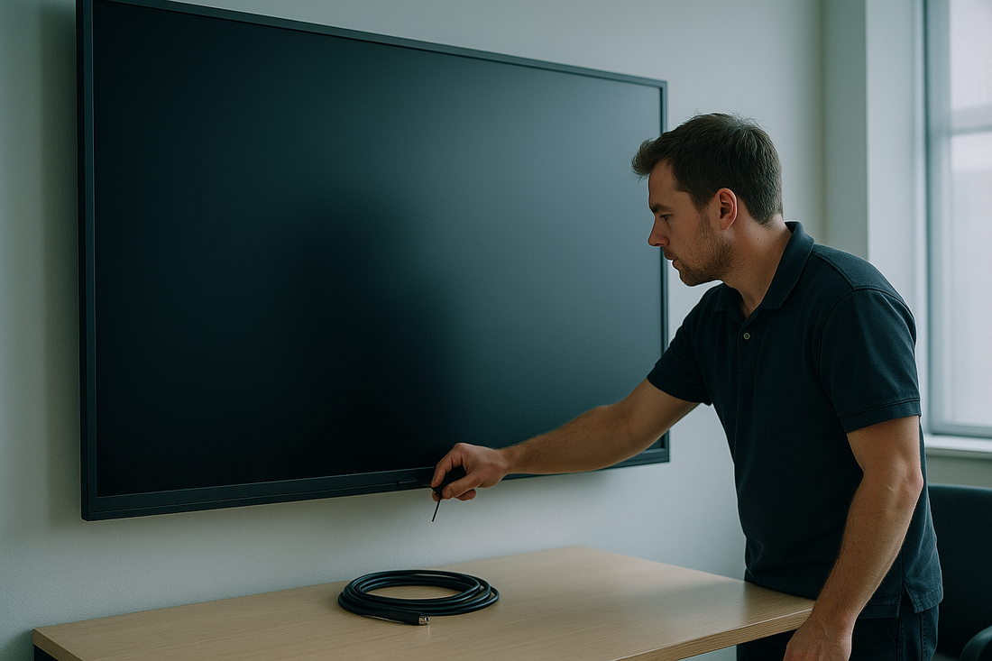 Technician inspecting the cabling and connections behind a wall-mounted interactive panel
