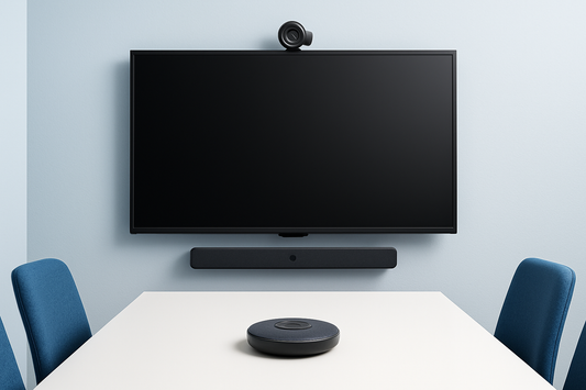 Wall-mounted flat panel with conference camera, soundbar and table speakerphone, screen off