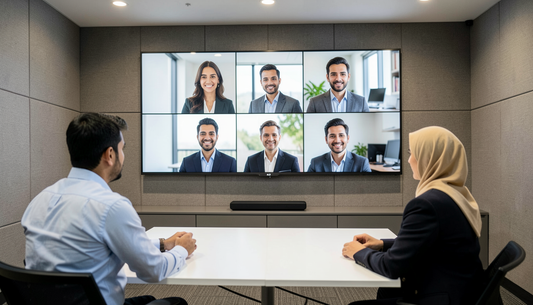 UAE meeting room with a video bar and a wall display showing a grid of video call participants
