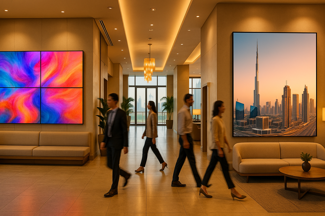 Hotel lobby in Dubai showing a video wall on one side and a single large display on the other