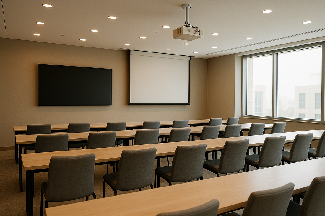 UAE training room with a switched-off flat panel display, blank projection screen and ceiling projector