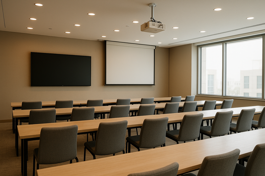 UAE training room with a switched-off flat panel display, blank projection screen and ceiling projector