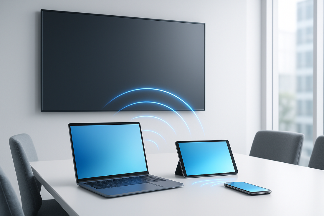 Laptop, tablet and phone sharing wirelessly to a wall-mounted flat panel with connectivity arcs