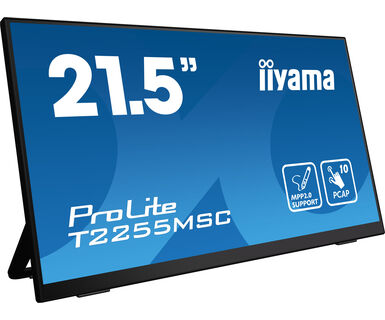Iiyama 21.5” Optical Bonded PCAP 10pt touchscreen monitor with IPS panel technology, edge-to-edge glass, anti-fingerprint coating, active stylus support (MPP 2.0) and a flexible stand